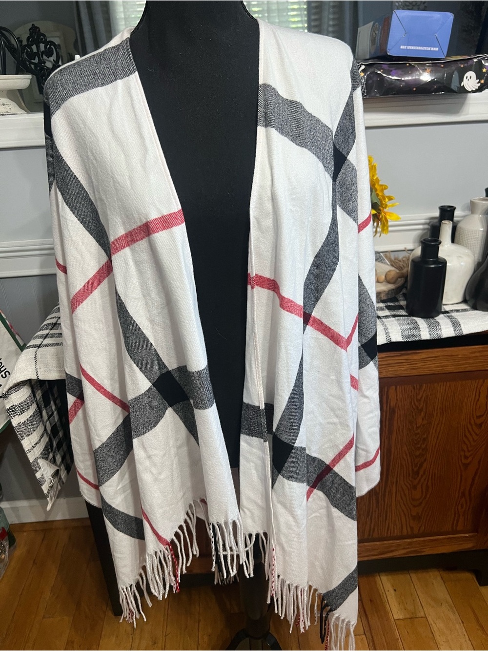 White Plaid Fringe Throw Shawl with Red and Black Accents NWT